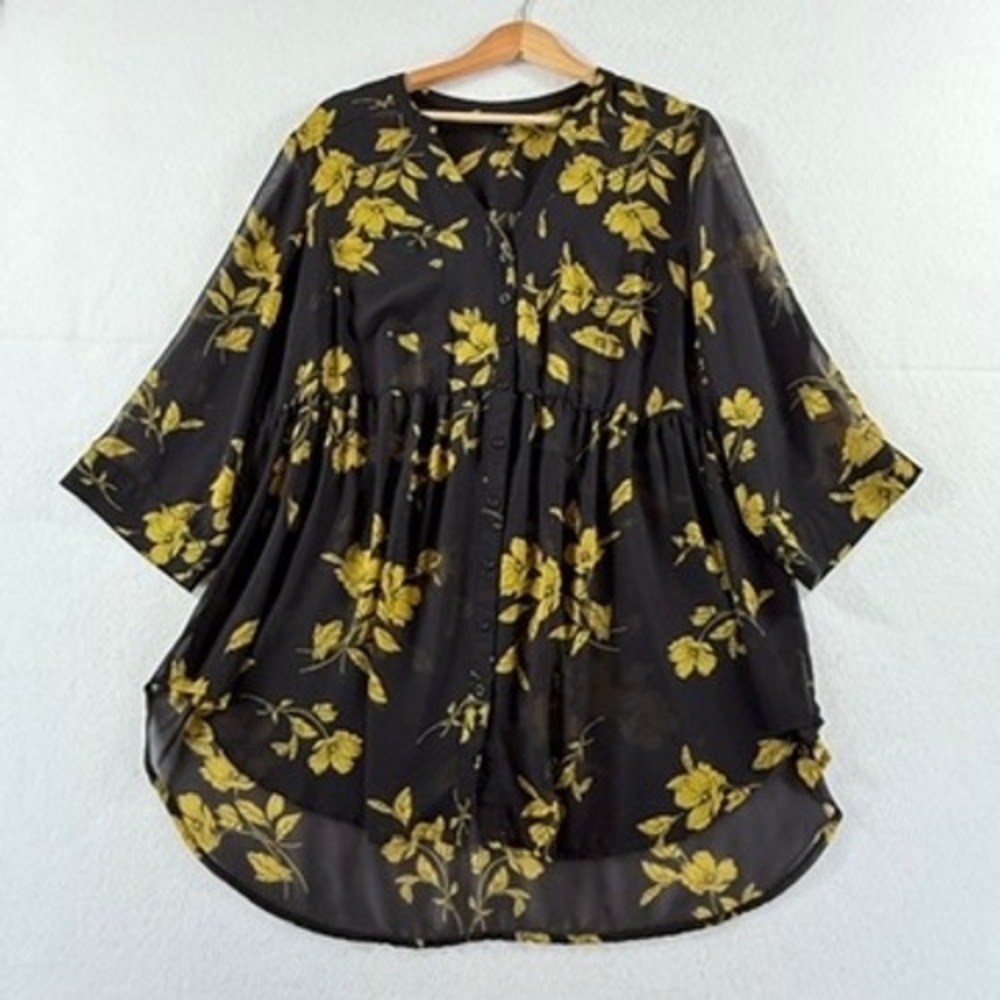 Torrid Floral Tunic Womens 2 2X Black Yellow Sheer Babydoll Whimsigoth Boho